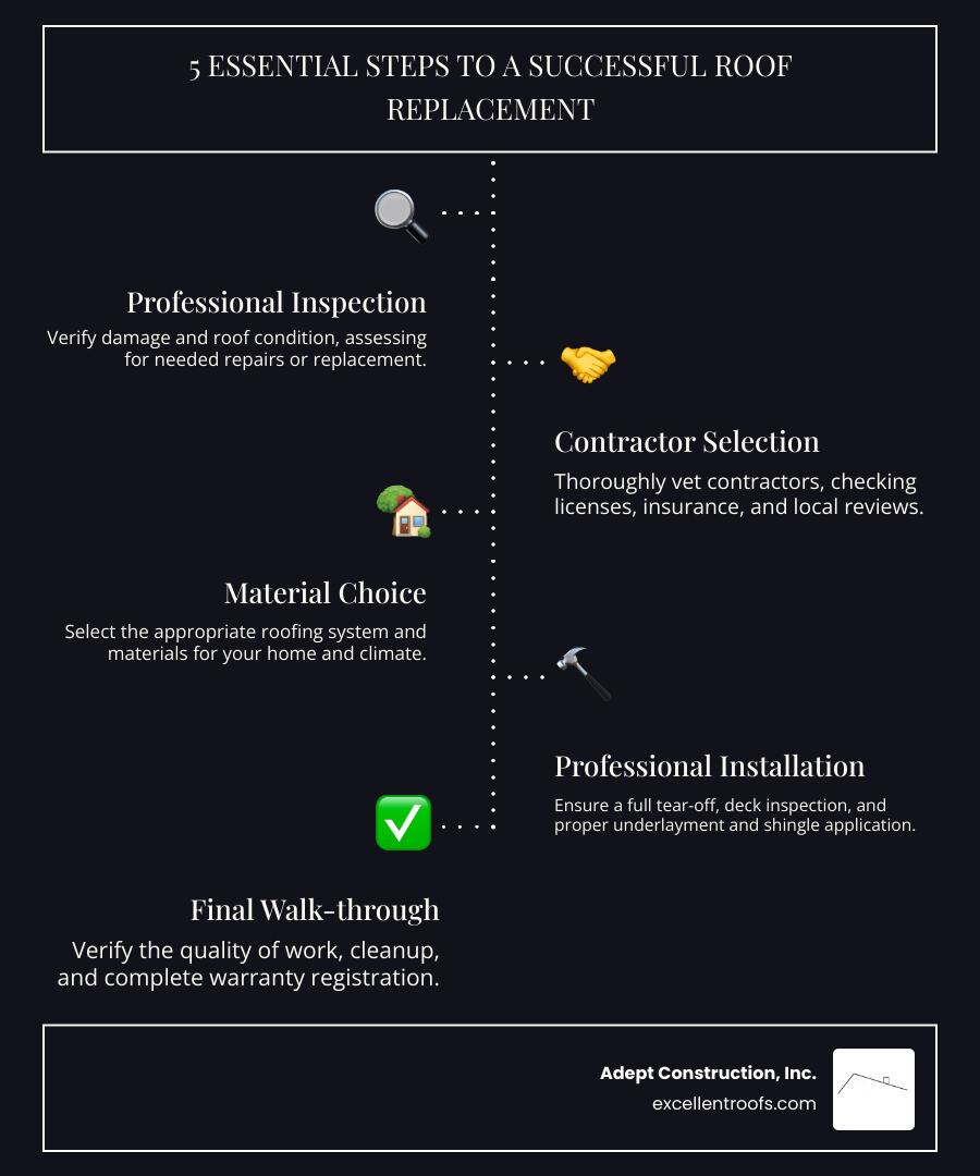 Infographic showing the 5 essential steps to a successful roof replacement: Step 1 - Professional Inspection (verify damage and roof condition), Step 2 - Contractor Selection (check license, insurance, and reviews), Step 3 - Material Choice (select appropriate roofing system for your climate), Step 4 - Professional Installation (full tear-off, deck inspection, proper underlayment), Step 5 - Final Walk-through (verify quality and warranty registration) - residential roof replacement contractor infographic infographic-line-5-steps-dark Infographic showing the 5 essential steps to a successful roof replacement: Step 1 - Professional Inspection (verify damage and roof condition), Step 2 - Contractor Selection (check license, insurance, and reviews), Step 3 - Material Choice (select appropriate roofing system for your climate), Step 4 - Professional Installation (full tear-off, deck inspection, proper underlayment), Step 5 - Final Walk-through (verify quality and warranty registration) - residential roof replacement contractor infographic infographic-line-5-steps-dark