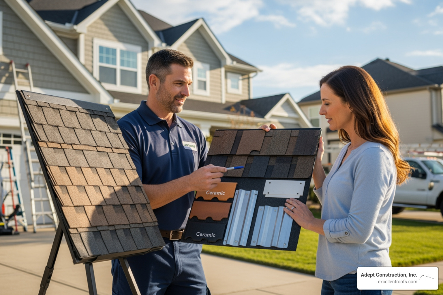 A roofing contractor showing a homeowner samples of roofing materials - residential roof replacement contractor A roofing contractor showing a homeowner samples of roofing materials - residential roof replacement contractor