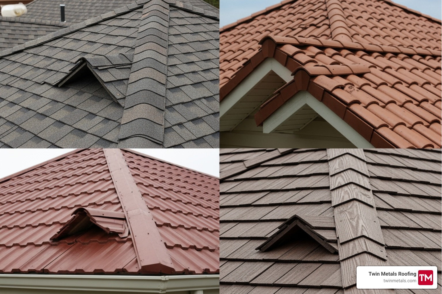 Collage showing different metal roof styles that mimic shingle, tile, and wood shake - residential metal roofing Collage showing different metal roof styles that mimic shingle, tile, and wood shake - residential metal roofing