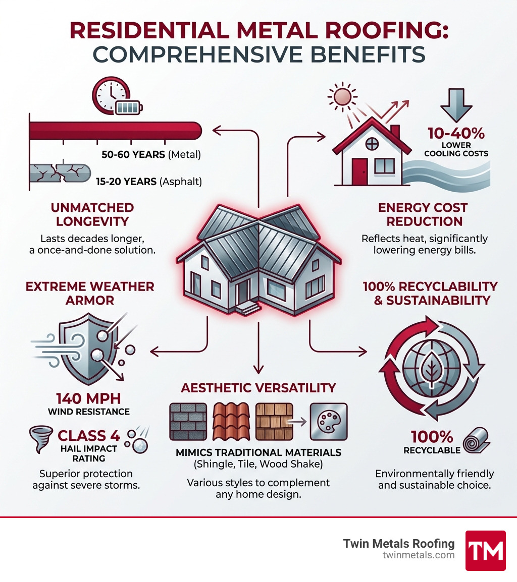 Infographic showing the comprehensive benefits of residential metal roofing including a 50-60 year lifespan compared to 15-20 years for asphalt, 10-40% energy cost reduction, Class 4 hail impact rating, 140 mph wind resistance, 100% recyclability, and various aesthetic styles mimicking traditional materials - residential metal roofing infographic Infographic showing the comprehensive benefits of residential metal roofing including a 50-60 year lifespan compared to 15-20 years for asphalt, 10-40% energy cost reduction, Class 4 hail impact rating, 140 mph wind resistance, 100% recyclability, and various aesthetic styles mimicking traditional materials - residential metal roofing infographic