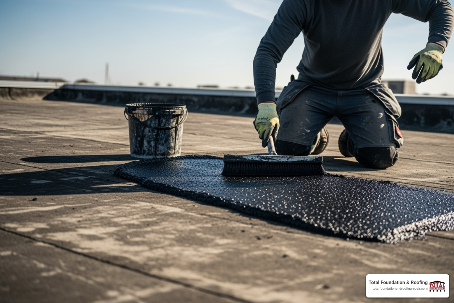 person applying roofing cement to flat roof - flat top roof repair