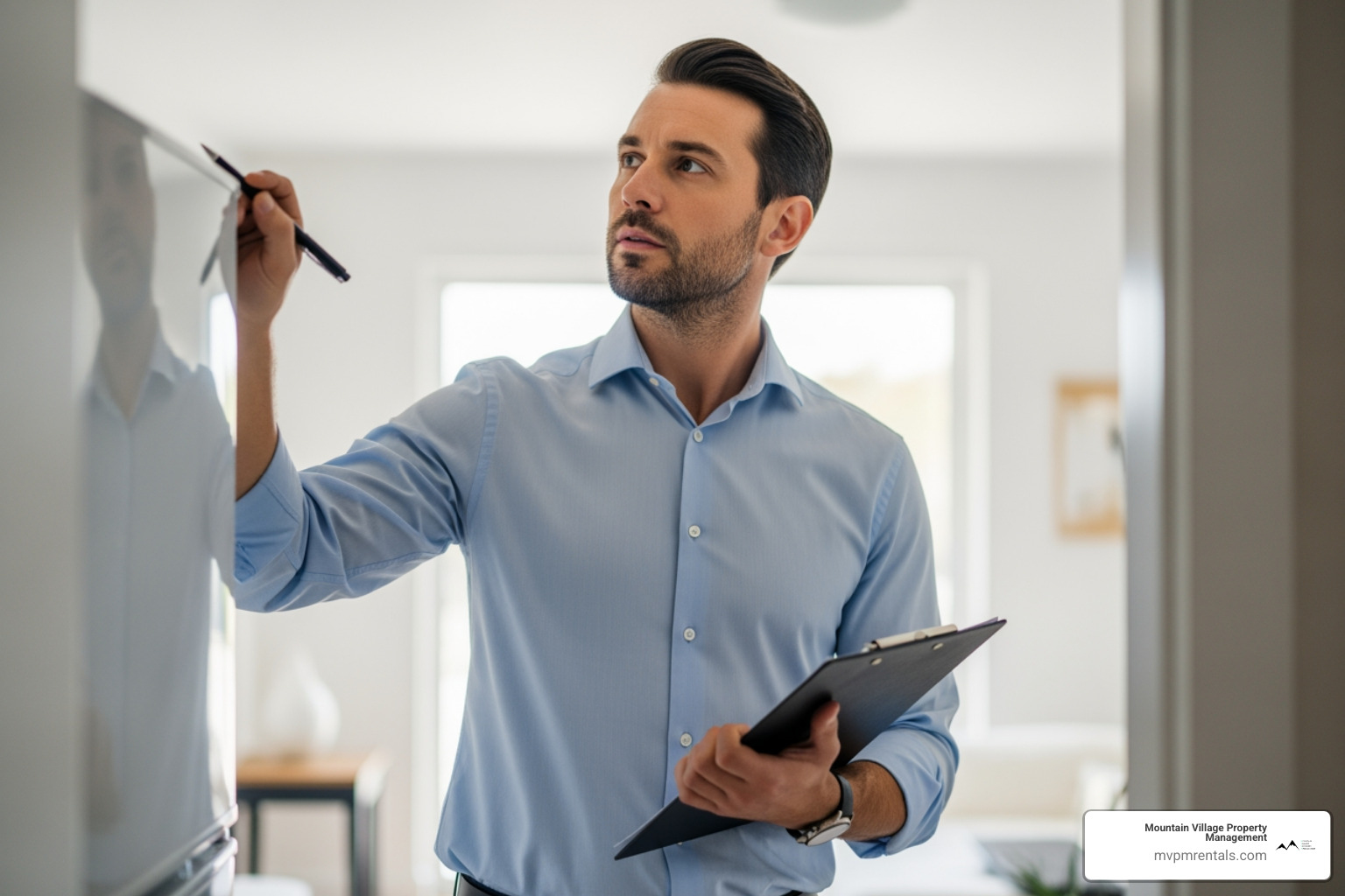property manager conducting a property inspection with a clipboard - real estate agents and managers rentals