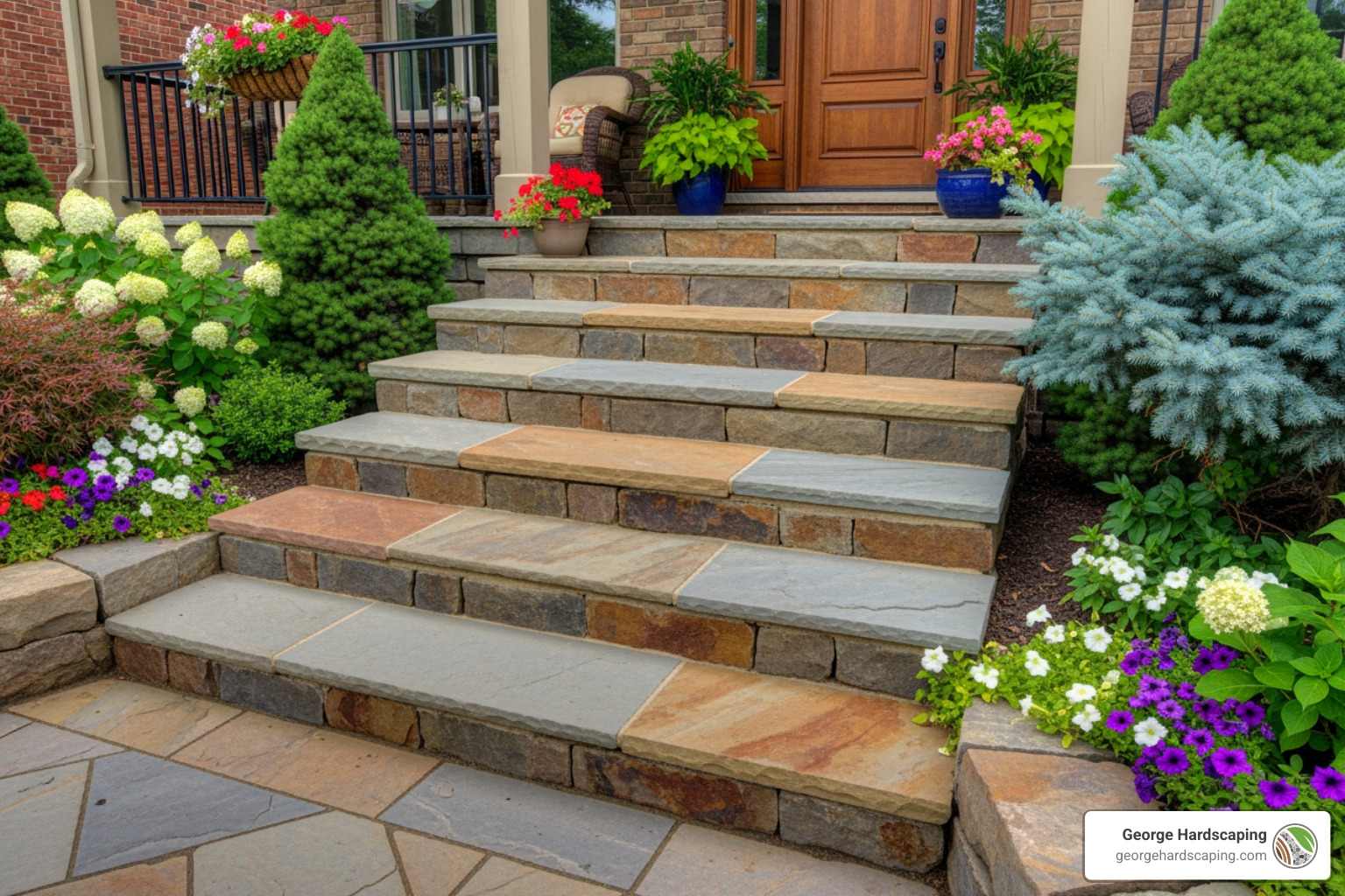 cross-section diagram of a properly installed stone step, detailing the compacted gravel base, drainage slope, and mortar bed - front porch stone step ideas