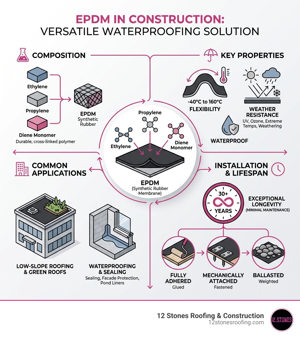 Infographic showing EPDM composition, key properties including weather resistance and flexibility, common applications in roofing and waterproofing, three installation methods, and lifespan of 30+ years - epdm in construction infographic 