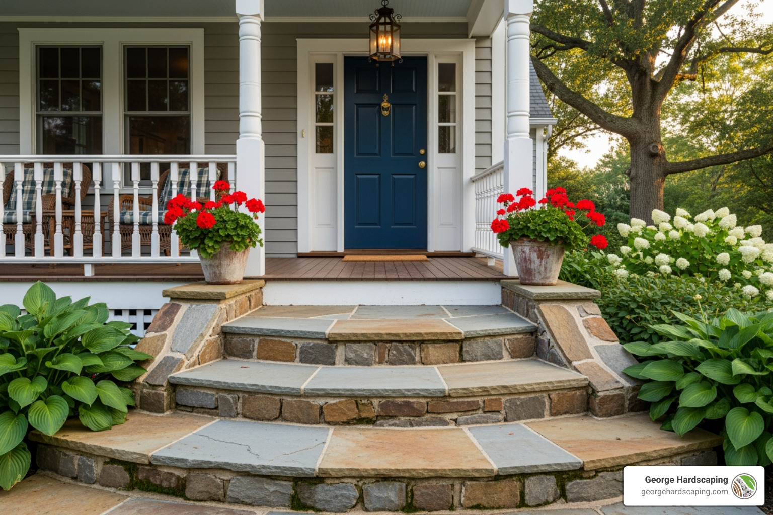 of an neat home with beautiful, wide bluestone steps leading to a dark wood front door, flanked by white columns and lush planters - front porch stone step ideas