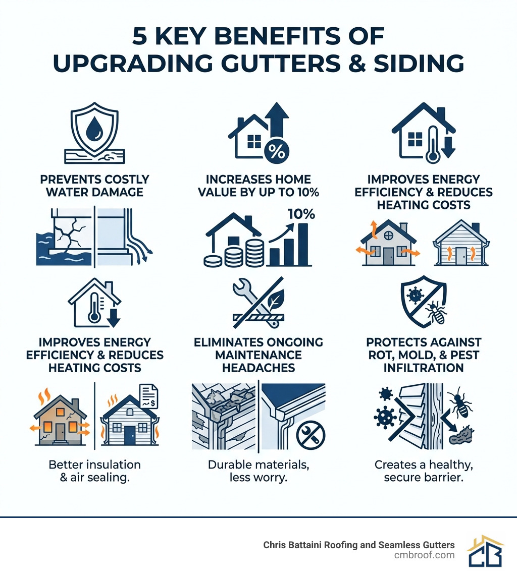 infographic showing the top 5 benefits of upgrading gutters and siding: 1. Prevents costly water damage to foundation and walls, 2. Increases home value by up to 10%, 3. Improves energy efficiency and reduces heating costs, 4. Eliminates ongoing maintenance headaches, 5. Protects against rot, mold, and pest infiltration - gutters and siding near me infographic 