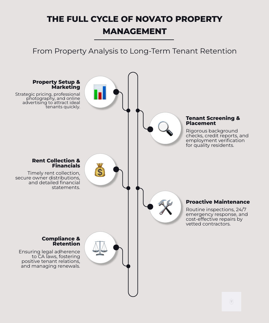 Comprehensive Property Management Cycle: Property Analysis & Pricing → Professional Marketing & Listings → Tenant Screening & Selection → Lease Execution & Move-In → Rent Collection & Financial Reporting → Routine Maintenance & Inspections → Tenant Relations & Retention → Legal Compliance & Lease Renewal - Property Management Novato infographic infographic-line-5-steps-elegant_beige