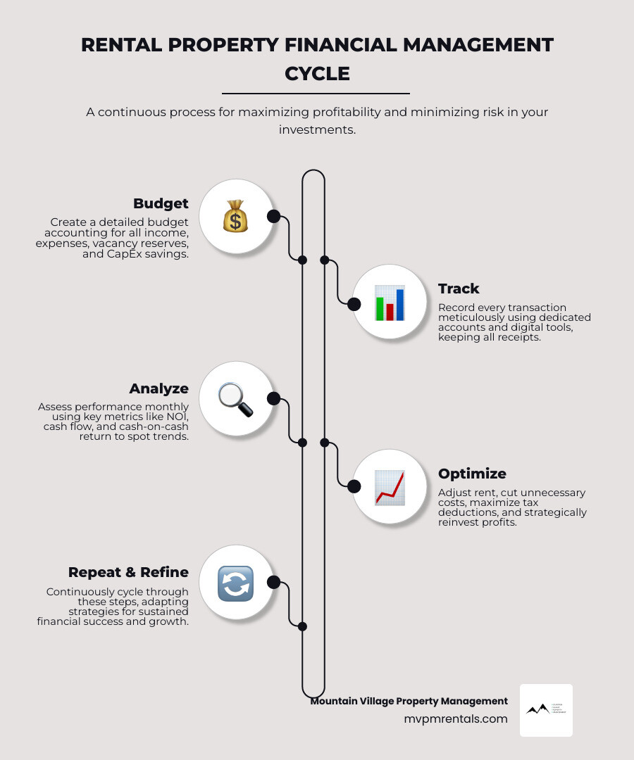 Financial Management Cycle: Start with a detailed budget that accounts for all income sources and expenses, including vacancy reserves and CapEx savings. Track every transaction using dedicated accounts and digital tools, keeping receipts and documentation for all expenses. Analyze your performance monthly using key metrics like NOI, cash flow, and cash-on-cash return to spot trends early. Optimize by adjusting rent prices, cutting unnecessary costs, maximizing tax deductions, and reinvesting profits strategically. Then repeat the cycle continuously. - rental property financial management infographic infographic-line-5-steps-elegant_beige
