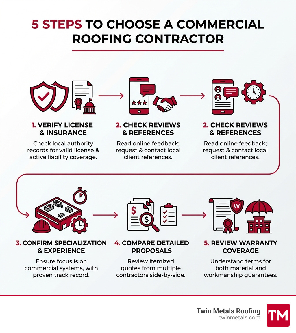 infographic showing 5 steps to choose a commercial roofing contractor: 1) verify license and insurance with local authorities, 2) check online reviews and request local references, 3) confirm commercial roofing specialization and experience, 4) compare detailed written proposals from multiple contractors, 5) review warranty coverage for materials and workmanship - commercial roofing service near me infographic 