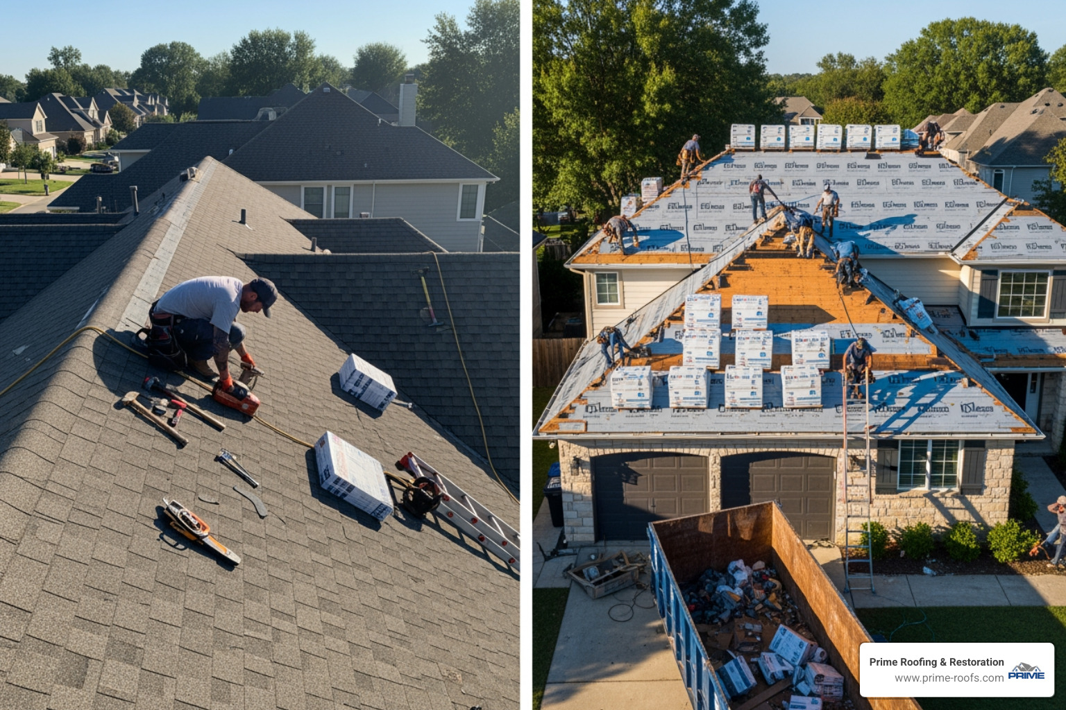 side-by-side comparison of a small roof repair versus a full roof replacement in progress - damaged roof replacement
