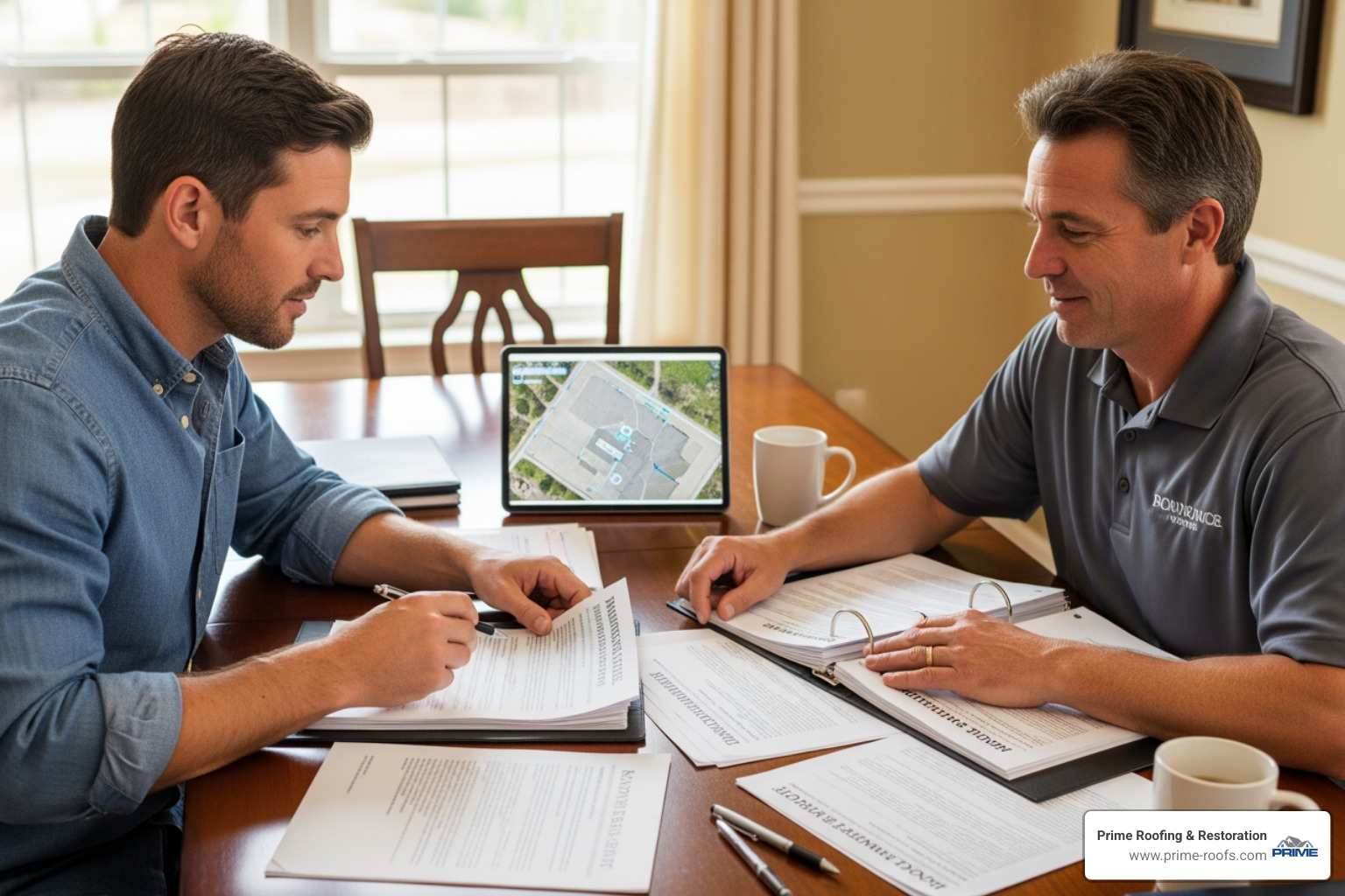 homeowner reviewing an insurance document with a roofing contractor - damaged roof replacement