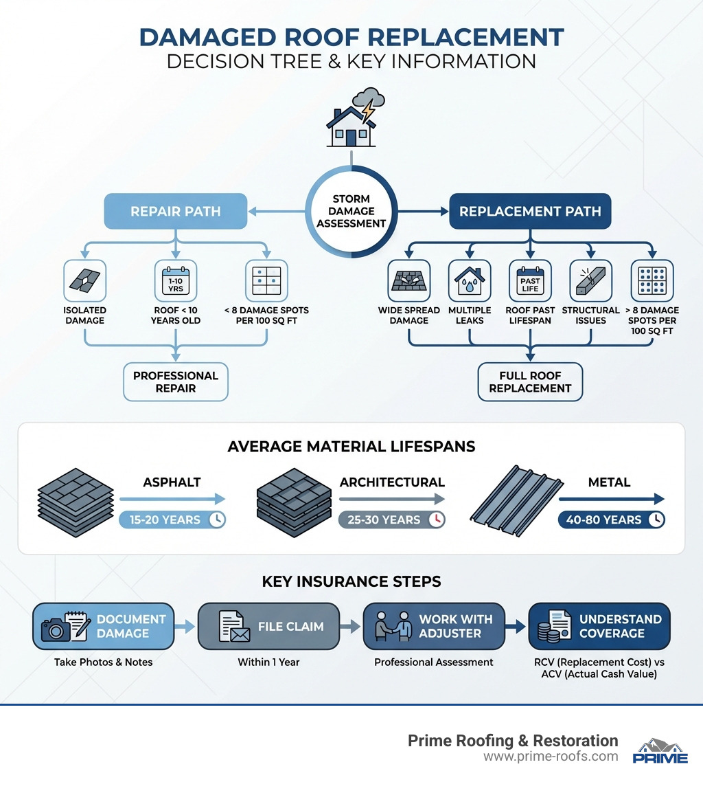 Infographic showing the damaged roof replacement decision tree: Starting with storm damage assessment, branching to repair (for isolated damage, roof under 10 years old, less than 8 damage spots per 100 sq ft) versus replacement (for widespread damage, multiple leaks, roof past lifespan, structural issues, or more than 8 damage spots per 100 sq ft). Includes average material lifespans: Asphalt 15-20 years, Architectural 25-30 years, Metal 40-80 years, and key insurance steps: document damage, file claim within 1 year, work with adjuster, understand RCV vs ACV coverage - damaged roof replacement infographic 