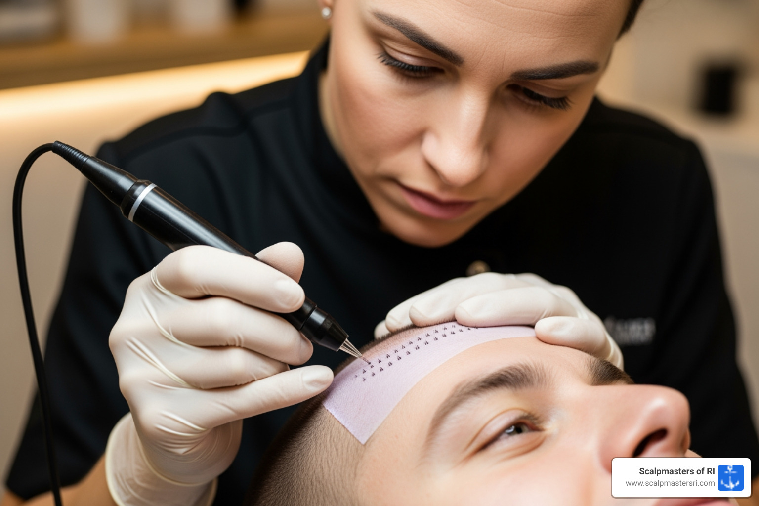 An SMP technician carefully performing the procedure on a client's scalp. - scalp micropigmentation connecticut An SMP technician carefully performing the procedure on a client's scalp. - scalp micropigmentation connecticut