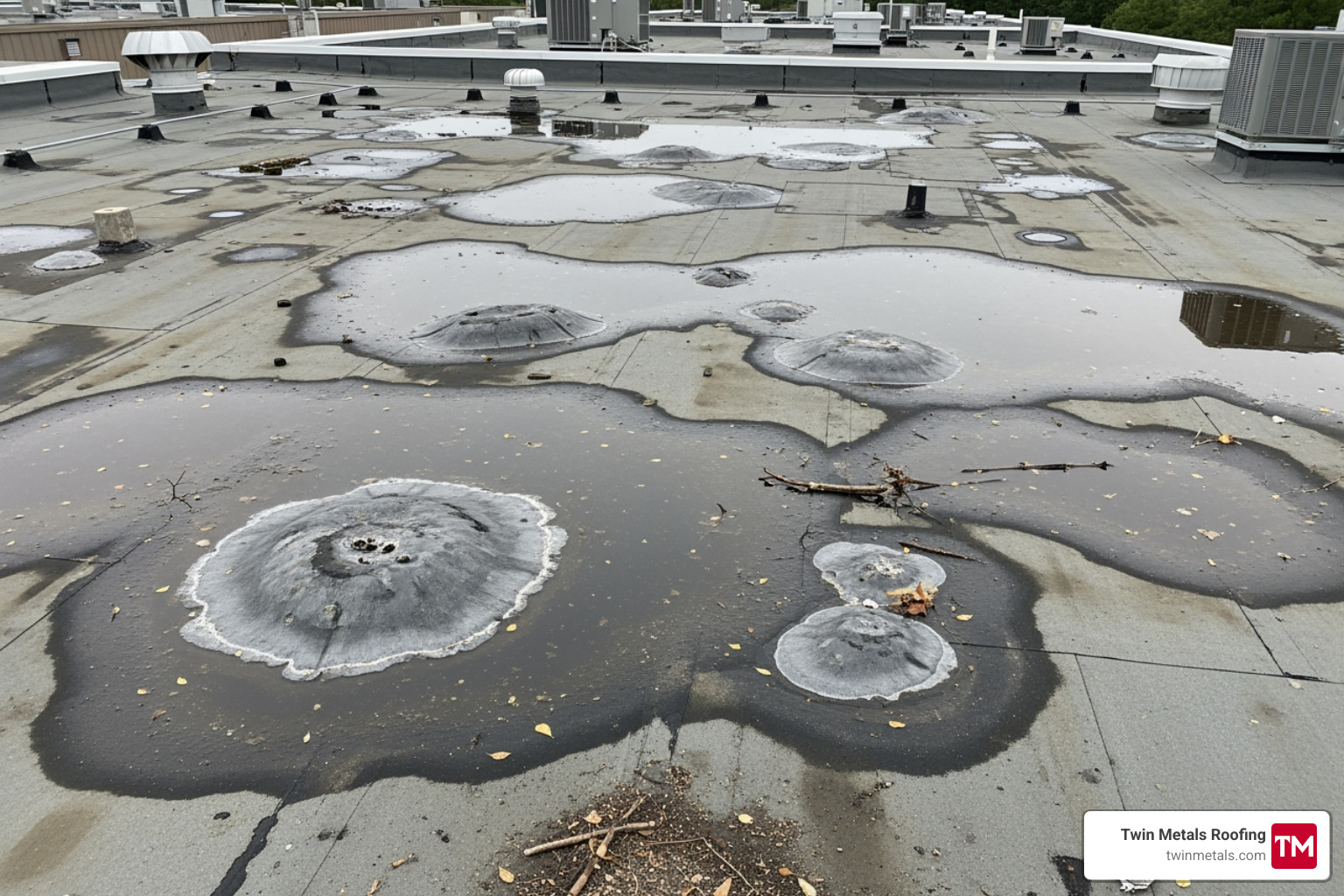 visible roof damage like blistering or pooling water - commercial roofing service near me