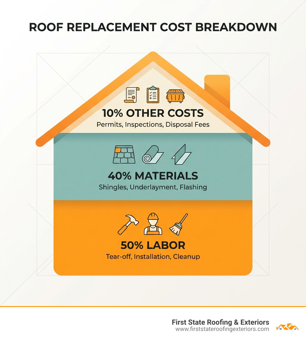 infographic showing roof replacement cost breakdown: 40% materials including shingles underlayment and flashing, 50% labor for tear-off installation and cleanup, 10% other costs including permits inspections and disposal fees - cost of reshingle roof infographic 