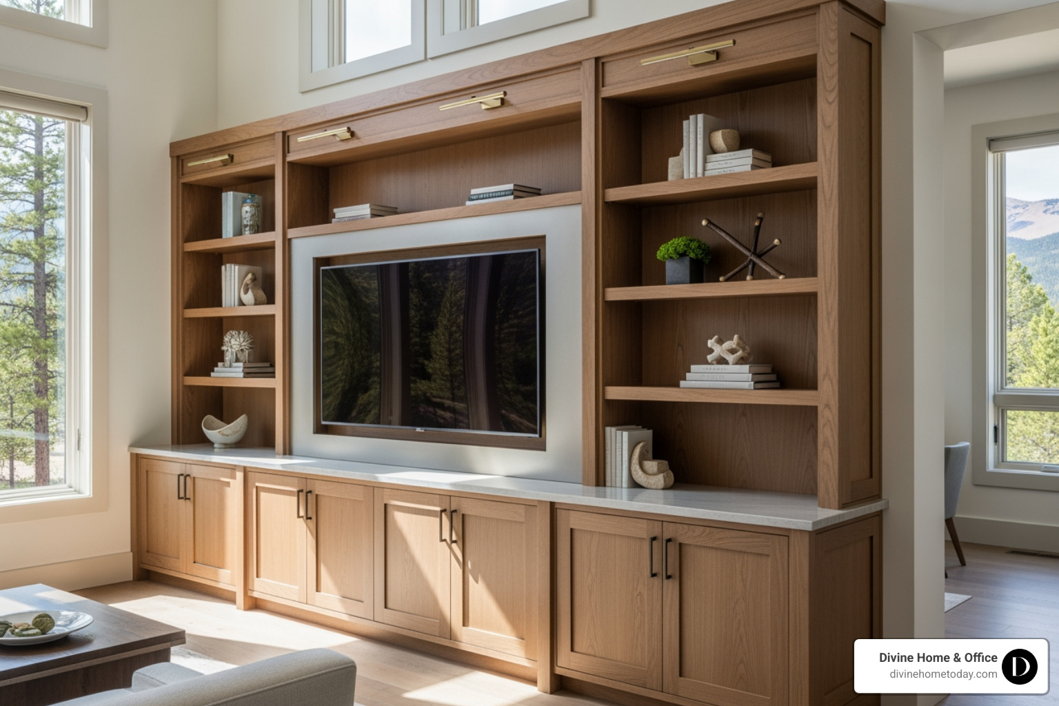 sleek, integrated modular casework forming a custom entertainment center and library wall in a modern mountain home - Architectural interior solutions sleek, integrated modular casework forming a custom entertainment center and library wall in a modern mountain home - Architectural interior solutions
