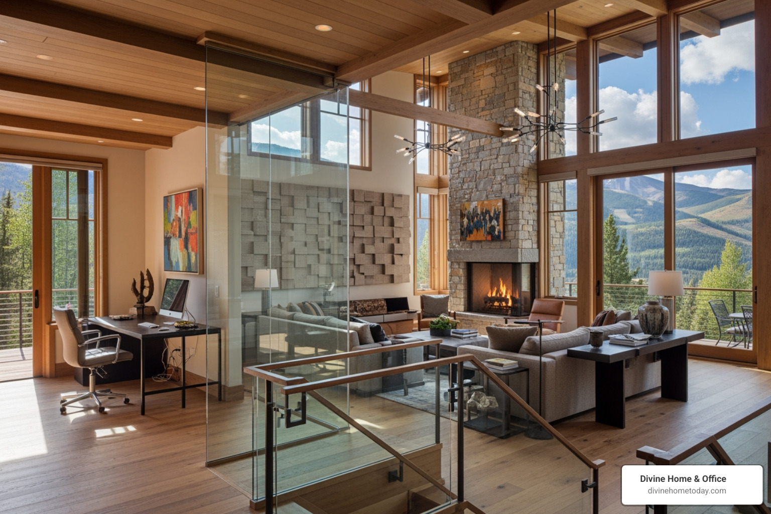 variety of architectural solutions in a cohesive open-plan home, with a glass partition for a home office and a feature acoustic wall in the living area, in a luxury Colorado setting - Architectural interior solutions variety of architectural solutions in a cohesive open-plan home, with a glass partition for a home office and a feature acoustic wall in the living area, in a luxury Colorado setting - Architectural interior solutions