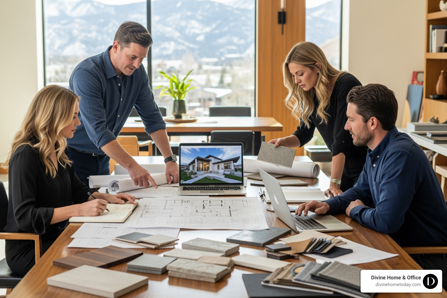 Design team collaborating on a design plan for a luxury Colorado home - Architectural interior solutions Design team collaborating on a design plan for a luxury Colorado home - Architectural interior solutions
