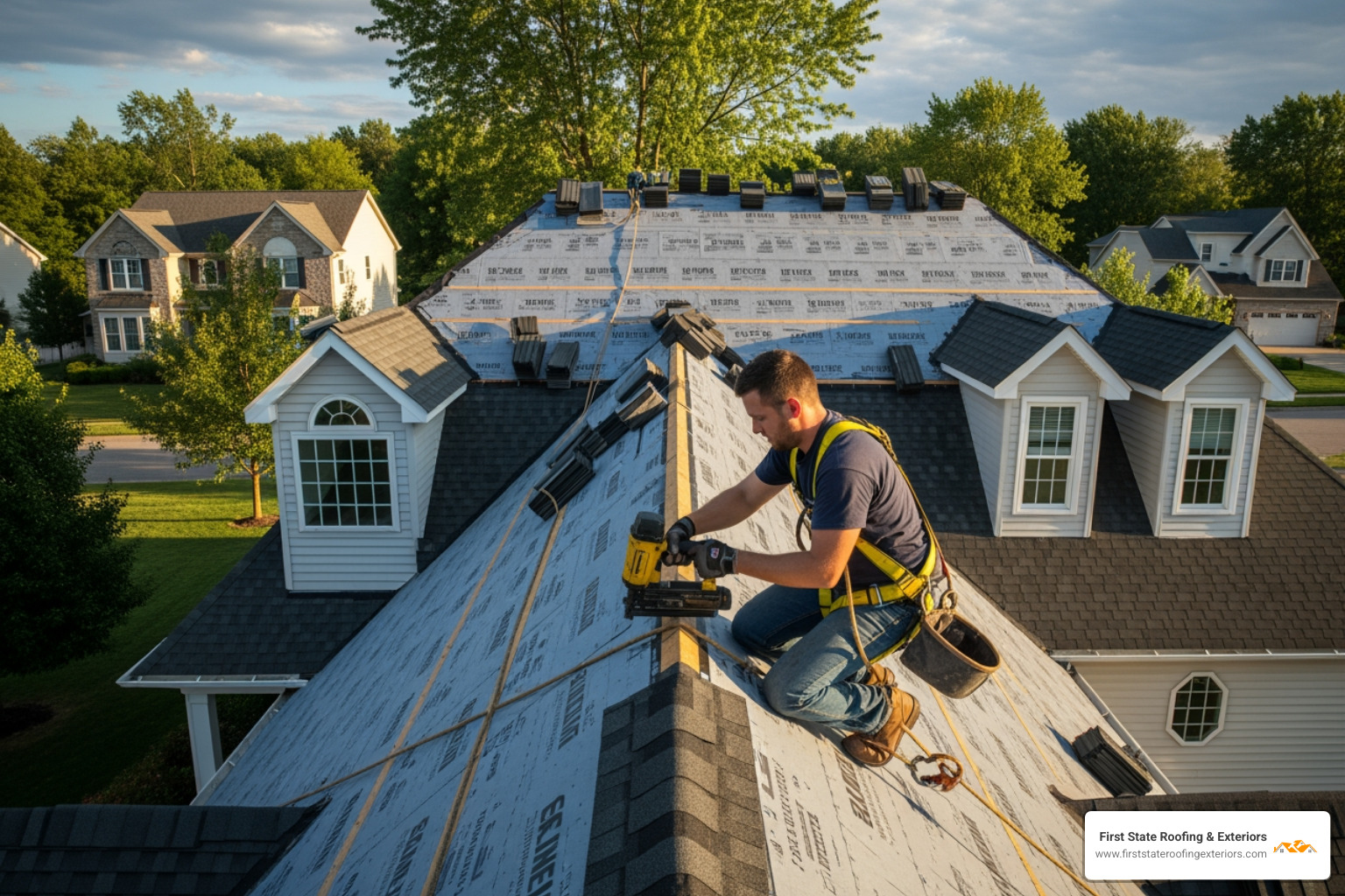 roofer in safety harness on a steep, complex roof with multiple dormers and valleys - cost of reshingle roof
