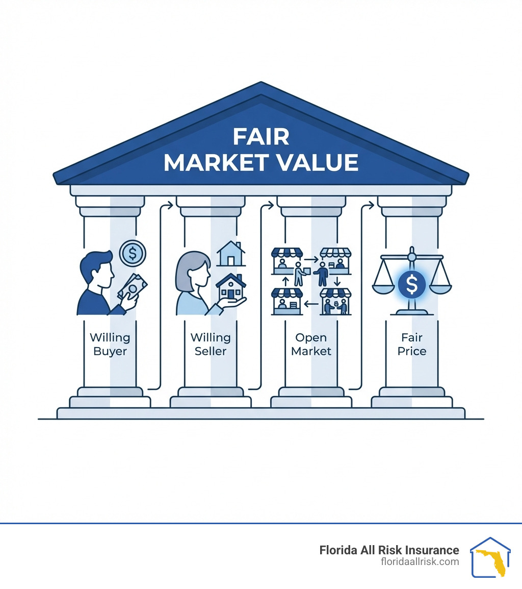 Infographic showing the core concept of Fair Market Value with four pillars: Willing Buyer (person with money icon), Willing Seller (person with property icon), Open Market (marketplace icon with multiple buyers and sellers), and Fair Price (balanced scales with dollar sign), all connected under a roof labeled Fair Market Value - fair market value policy infographic 
