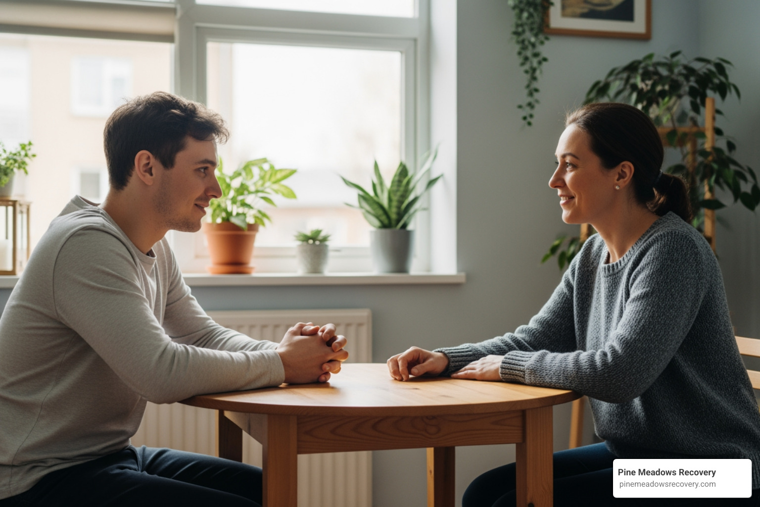 person talking to a supportive friend or counselor - How to get sober