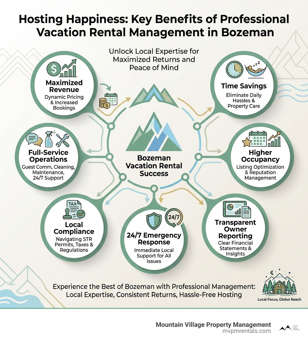 infographic showing the key benefits of professional vacation rental management including revenue maximization through dynamic pricing, full-service guest communication and support, professional cleaning and maintenance coordination, compliance with local STR permits and lodging taxes, multi-platform marketing and listing optimization, transparent owner reporting and financial statements, and 24/7 emergency response - Bozeman vacation rental management infographic 