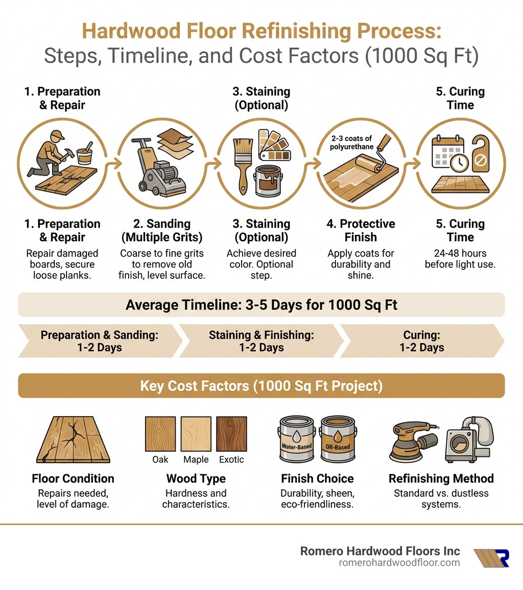 Infographic showing the hardwood floor refinishing process: Step 1 - Preparation and repair of damaged boards, Step 2 - Sanding with multiple grits (coarse to fine) to remove old finish, Step 3 - Staining (optional) to achieve desired color, Step 4 - Applying protective finish coats (2-3 coats of polyurethane), Step 5 - Curing time (24-48 hours before light use). Average timeline: 3-5 days for 1000 sq ft. Cost factors highlighted: floor condition, wood type, finish choice, and refinishing method. - cost to refinish hardwood floors 1000 square feet infographic Infographic showing the hardwood floor refinishing process: Step 1 - Preparation and repair of damaged boards, Step 2 - Sanding with multiple grits (coarse to fine) to remove old finish, Step 3 - Staining (optional) to achieve desired color, Step 4 - Applying protective finish coats (2-3 coats of polyurethane), Step 5 - Curing time (24-48 hours before light use). Average timeline: 3-5 days for 1000 sq ft. Cost factors highlighted: floor condition, wood type, finish choice, and refinishing method. - cost to refinish hardwood floors 1000 square feet infographic