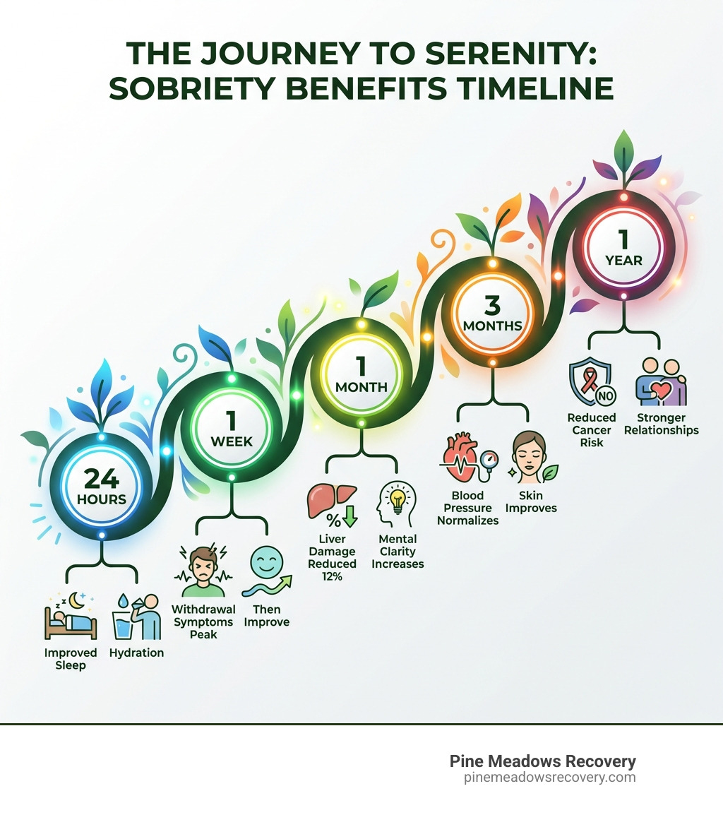 infographic showing sobriety benefits timeline: 24 hours - improved sleep and hydration, 1 week - withdrawal symptoms peak then improve, 1 month - liver damage reduced 12 percent and mental clarity increases, 3 months - blood pressure normalizes and skin improves, 1 year - reduced cancer risk and stronger relationships - How to get sober infographic 