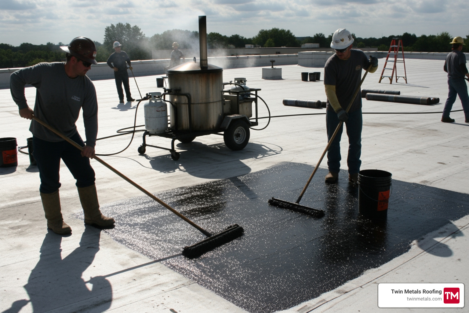 Roofers working with hot tar kettle and mops - hot tar roofing