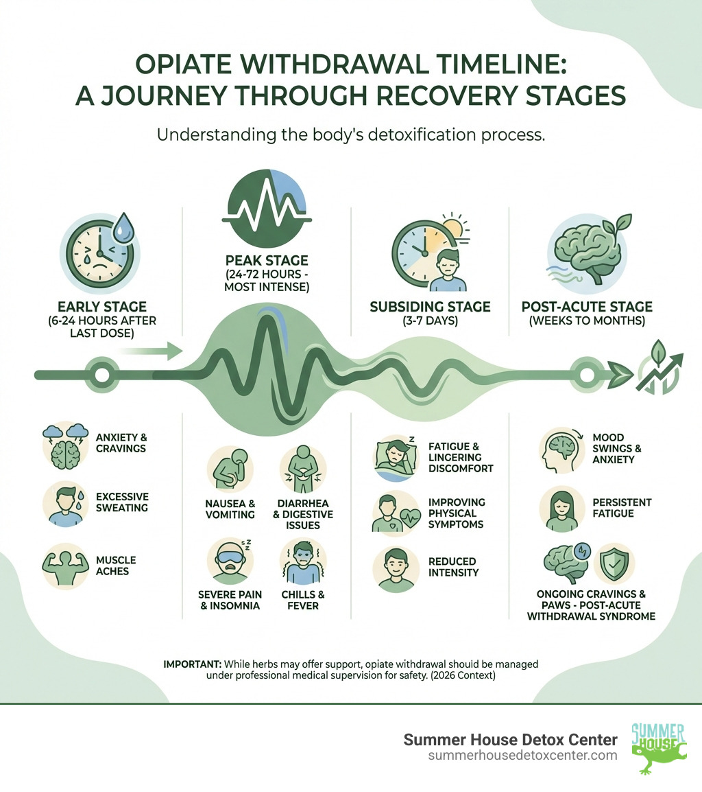 Infographic explaining the timeline of opiate withdrawal symptoms - herbs for opiate withdrawal symptoms infographic 