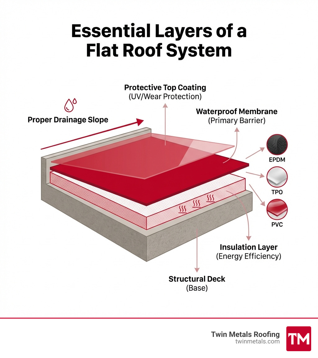Infographic showing the essential layers of a flat roof system: structural deck at the base, insulation layer for energy efficiency, waterproof membrane as the primary barrier, and protective top coating. Labels indicate proper drainage slope and common material options like EPDM, TPO, and PVC - local flat roof specialists infographic Infographic showing the essential layers of a flat roof system: structural deck at the base, insulation layer for energy efficiency, waterproof membrane as the primary barrier, and protective top coating. Labels indicate proper drainage slope and common material options like EPDM, TPO, and PVC - local flat roof specialists infographic