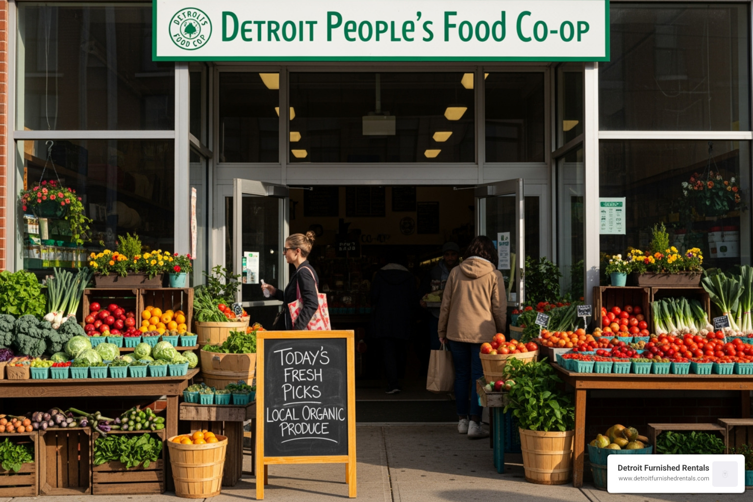 Detroit People's Food Co-op storefront with fresh produce displayed - Detroit health food store Detroit People's Food Co-op storefront with fresh produce displayed - Detroit health food store