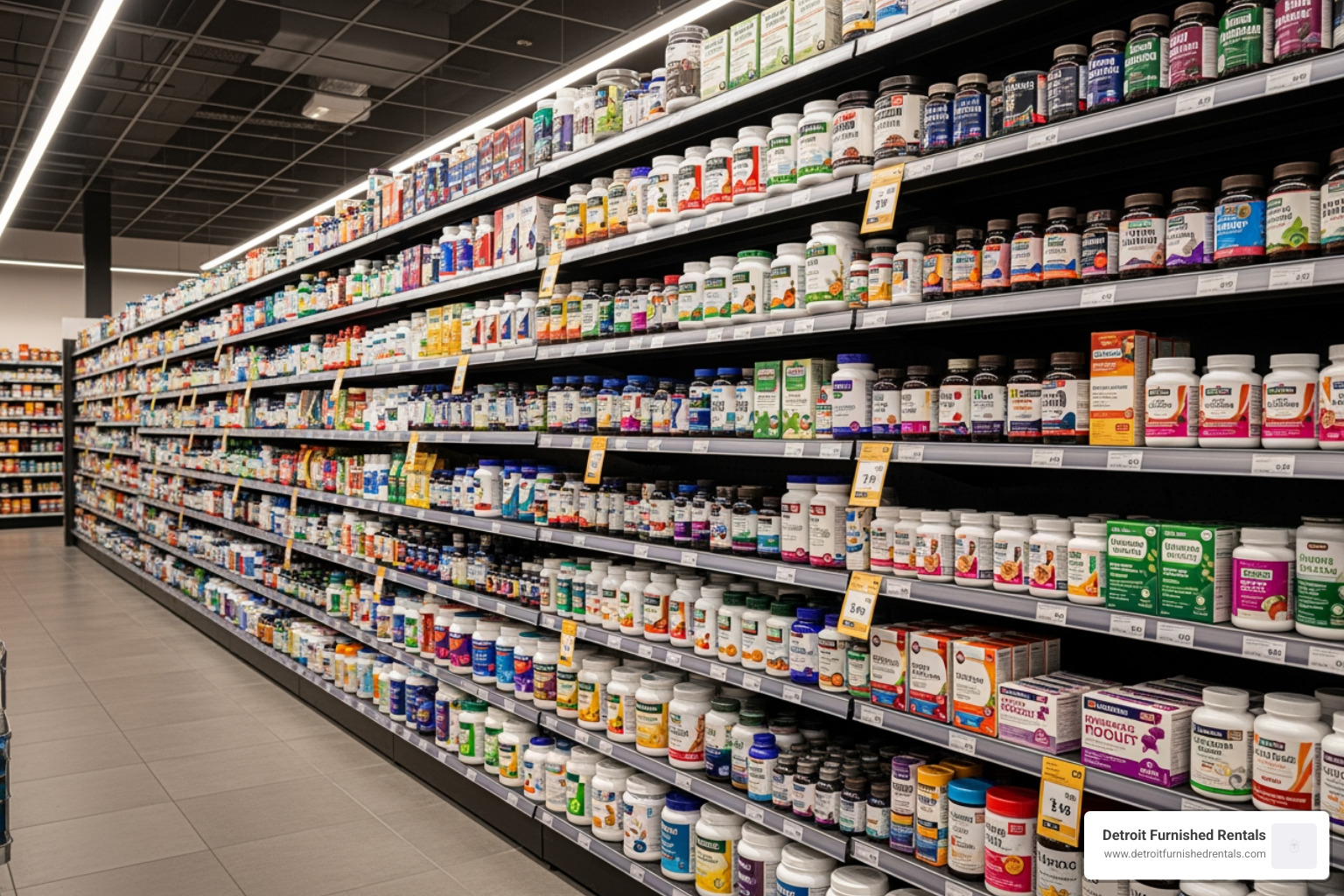 Zerbo's Market's extensive supplement aisle with various brands and products - Detroit health food store Zerbo's Market's extensive supplement aisle with various brands and products - Detroit health food store