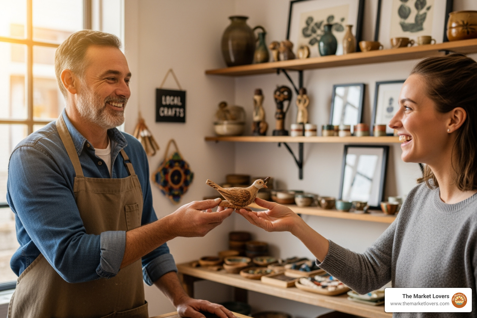 friendly local artisan handing a product to a happy customer - Shop Local
