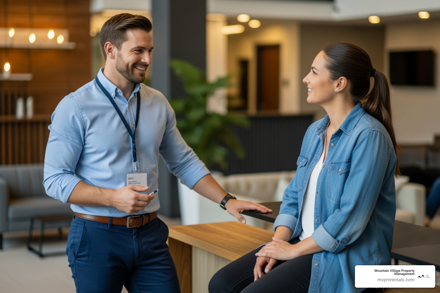 property manager having a friendly conversation with a tenant in a common area - Tenant retention strategies