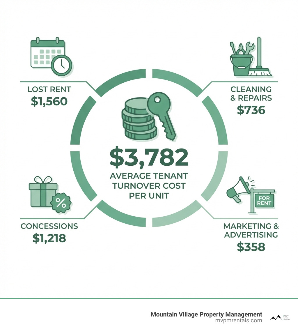 Infographic showing the breakdown of average tenant turnover costs: $1,560 in lost rent, $1,218 in concessions, $736 in cleaning and repairs, and $358 in marketing and advertising, totaling $3,782 per unit - Tenant retention strategies infographic 