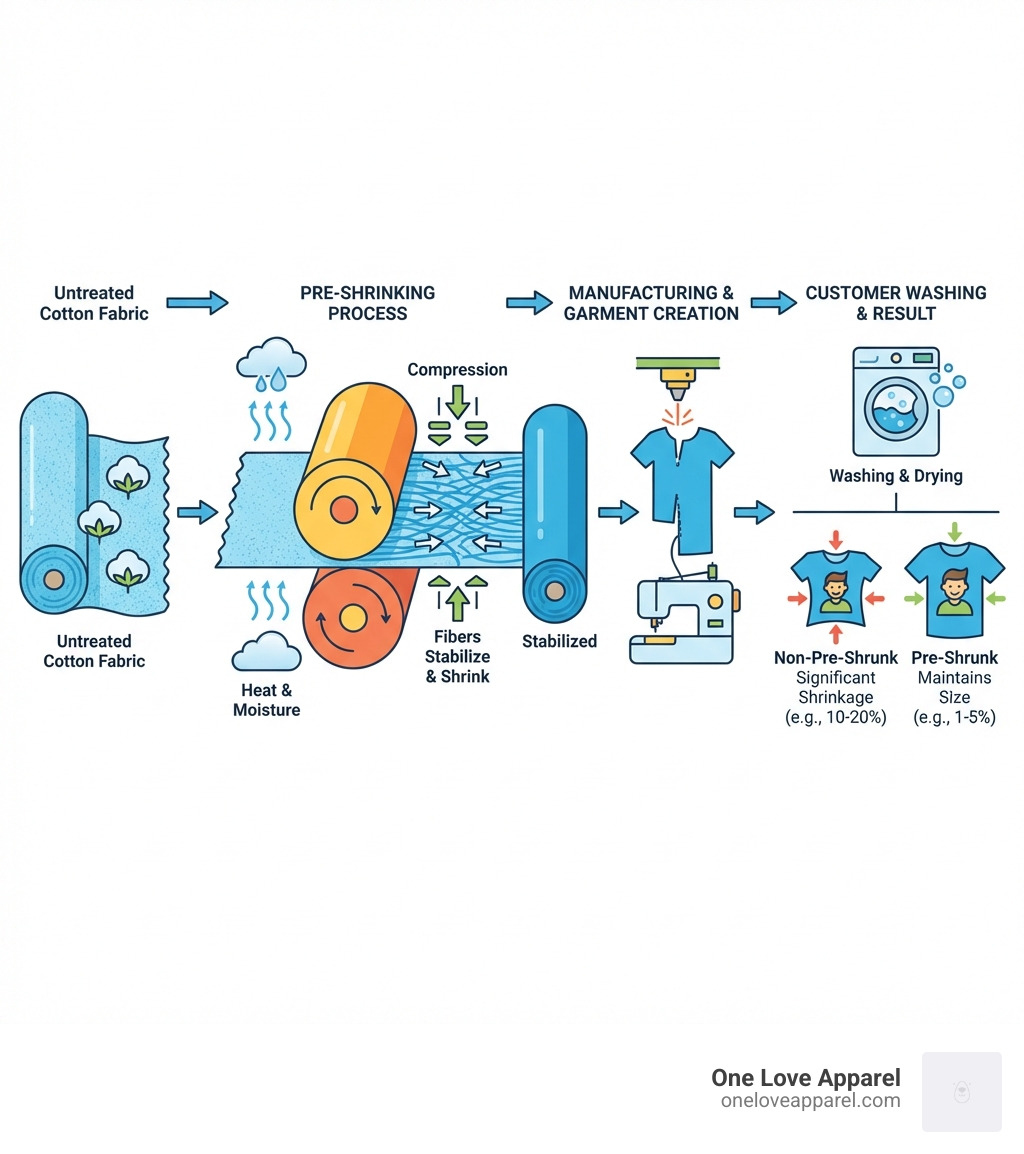 Infographic showing the pre-shrinking process: untreated cotton fabric enters manufacturing, undergoes heat and compression treatment through rollers, fibers stabilize and shrink, then fabric is cut and sewn into garments that maintain their size after customer washing - what is preshrunk cotton infographic 