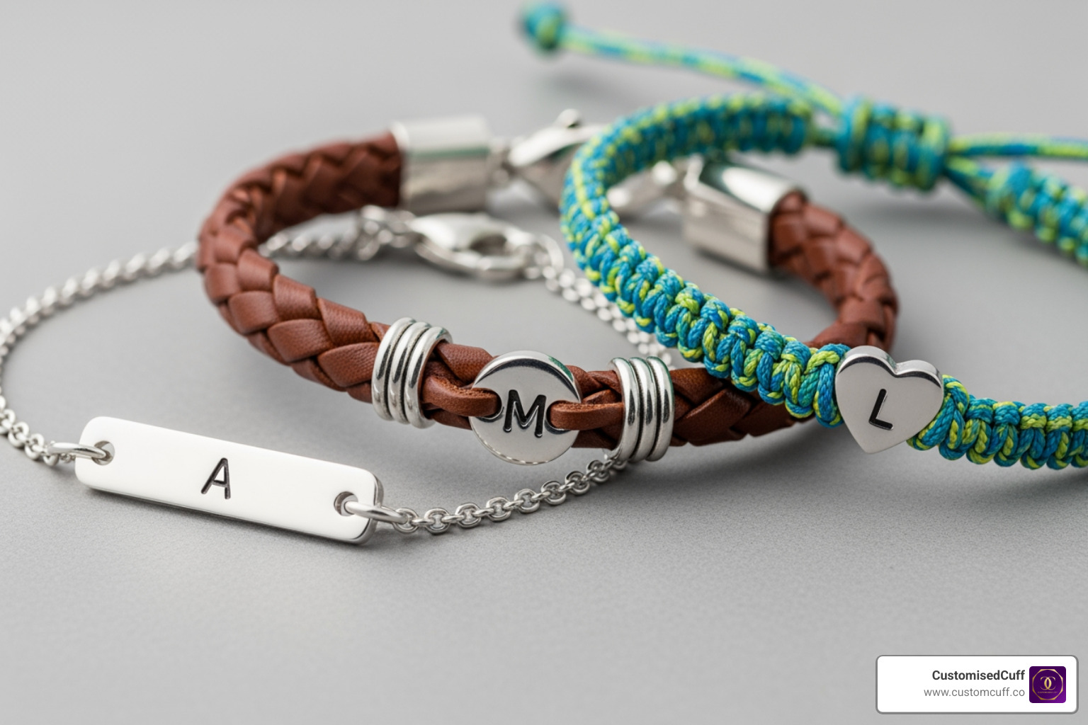 Custom relationship bracelets in silver, leather, and cord - custom relationship bracelets