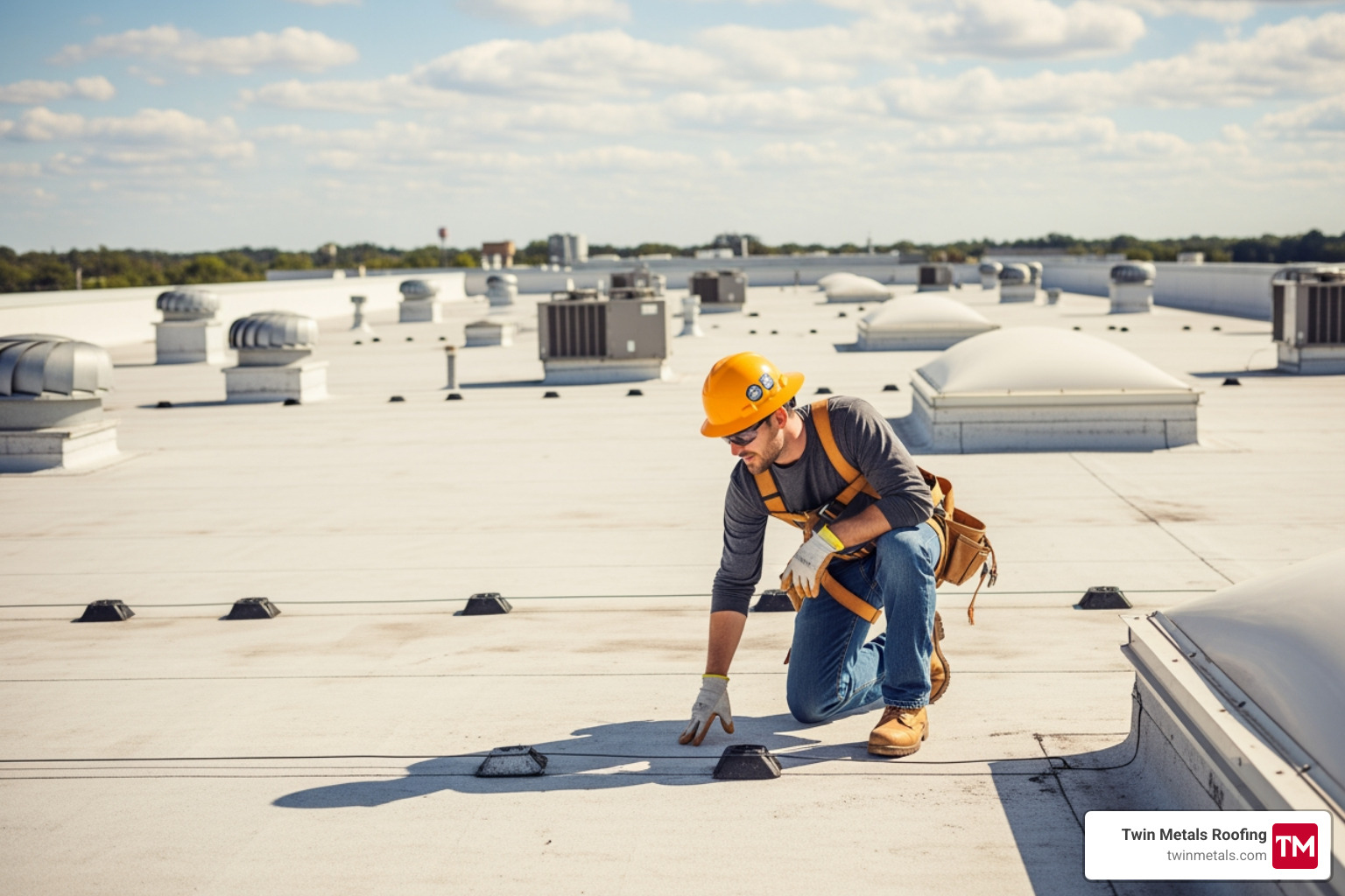 Roofing contractor inspecting a commercial flat roof - local flat roof specialists Roofing contractor inspecting a commercial flat roof - local flat roof specialists