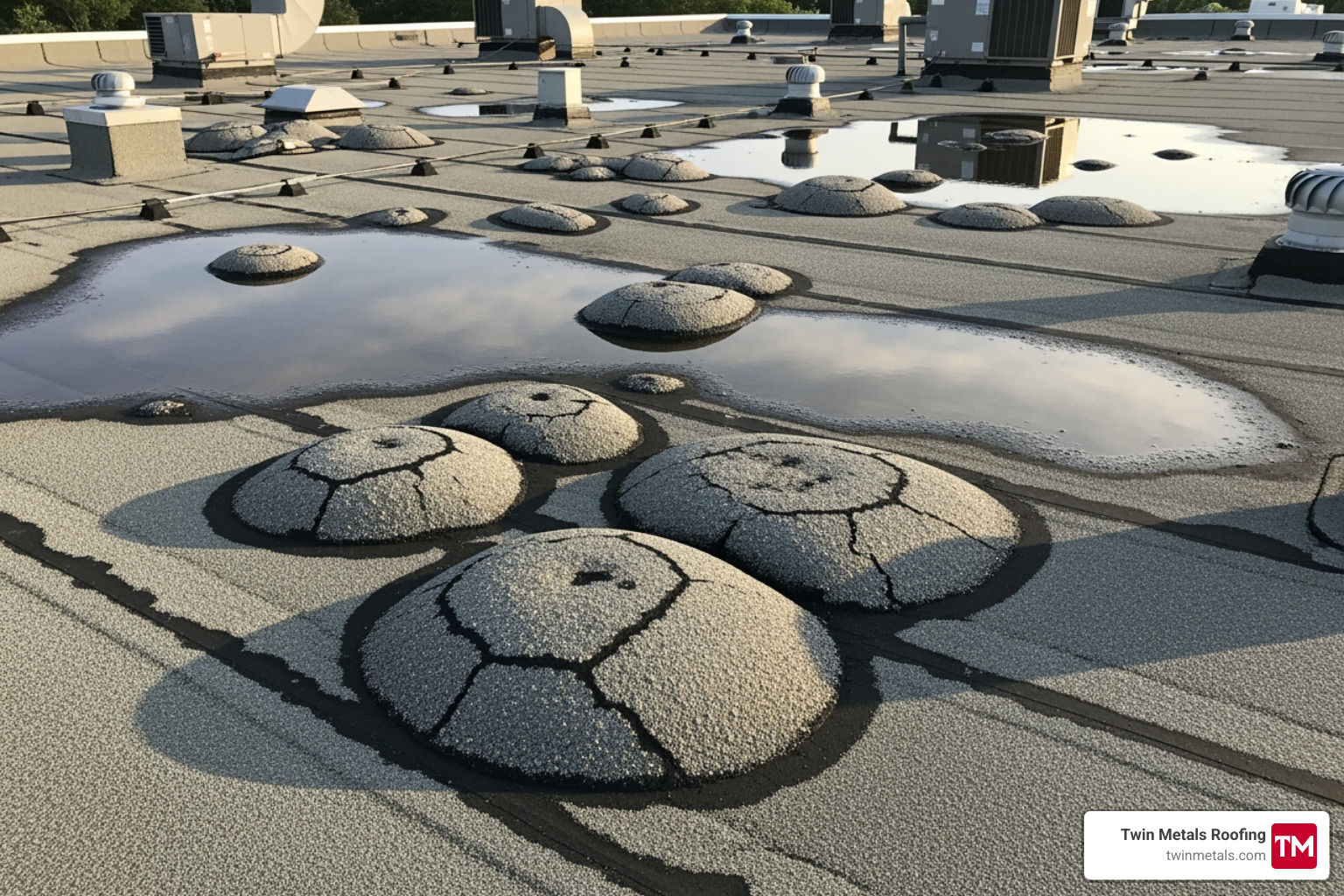 Flat roof showing common issues like blistering and ponding water - local flat roof specialists Flat roof showing common issues like blistering and ponding water - local flat roof specialists