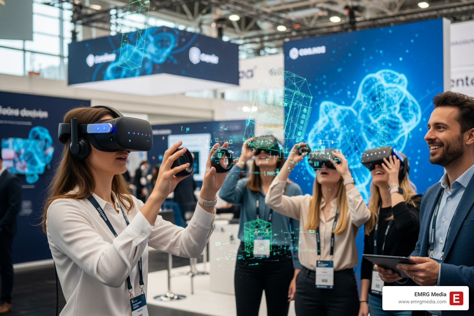 attendees interacting with a VR simulation at a tech conference - corporate events planner