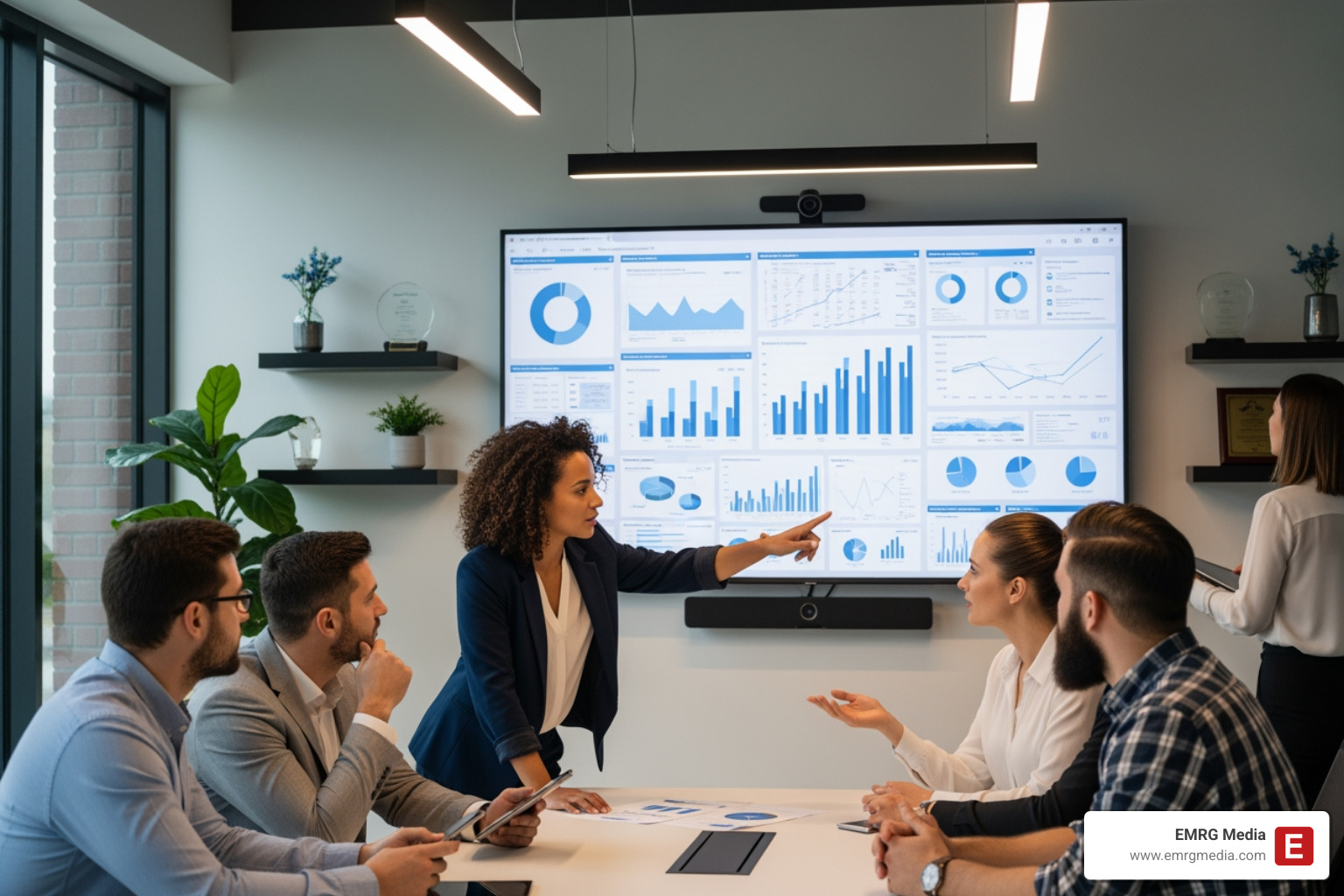 team analyzing post-event data on a large screen in a modern office - corporate events planner