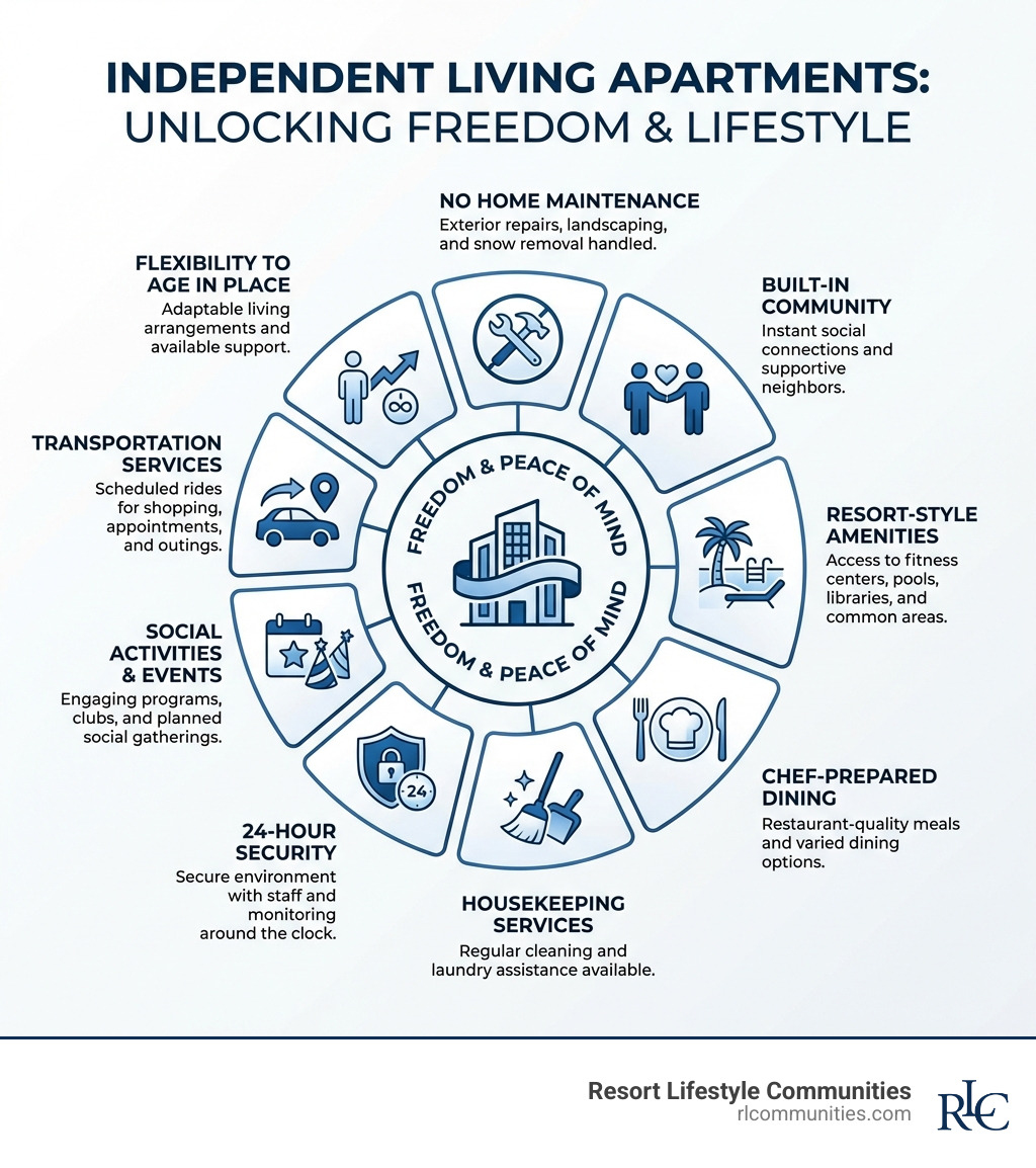infographic showing benefits of independent living apartments including no home maintenance, built-in community, resort-style amenities, chef-prepared dining, housekeeping services, 24-hour security, social activities and events, transportation services, and flexibility to age in place - independent living apartment infographic 