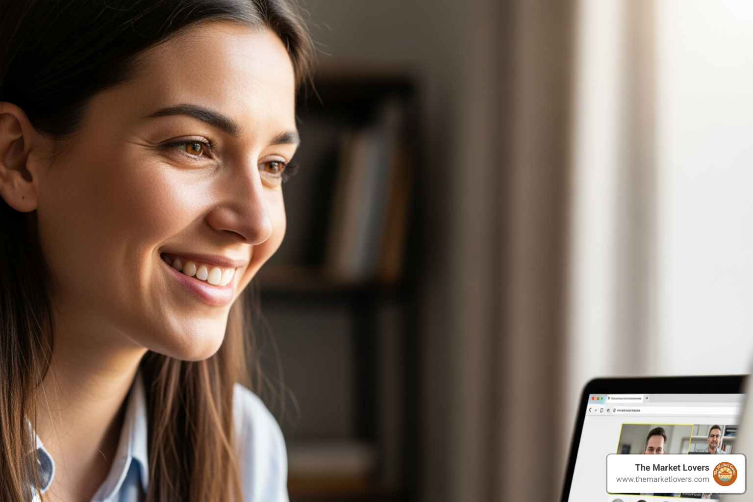 A person smiling while participating in an online webinar on a laptop - independent business network