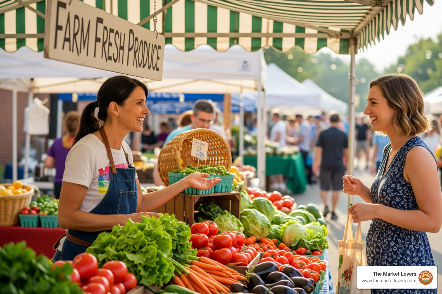 A busy local market stall with a happy vendor and customer - independent business network