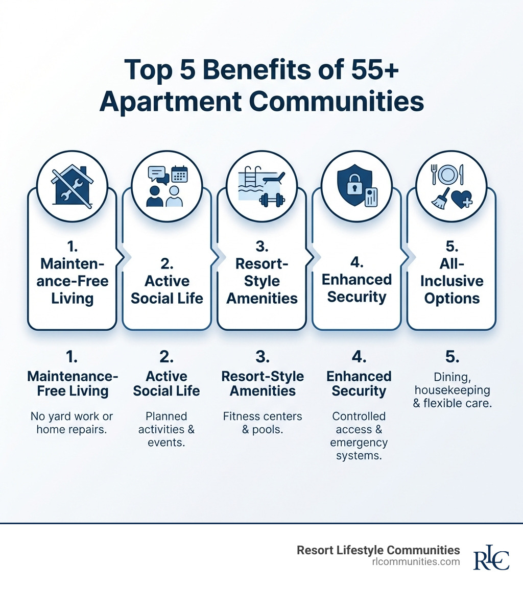 Infographic showing the top 5 benefits of 55+ apartment communities: 1. Maintenance-Free Living with no yard work or home repairs, 2. Active Social Life with planned activities and events, 3. Resort-Style Amenities including fitness centers and pools, 4. Enhanced Security with controlled access and emergency systems, 5. All-Inclusive Options with dining, housekeeping, and flexible care as you age - 55 senior apartment infographic 