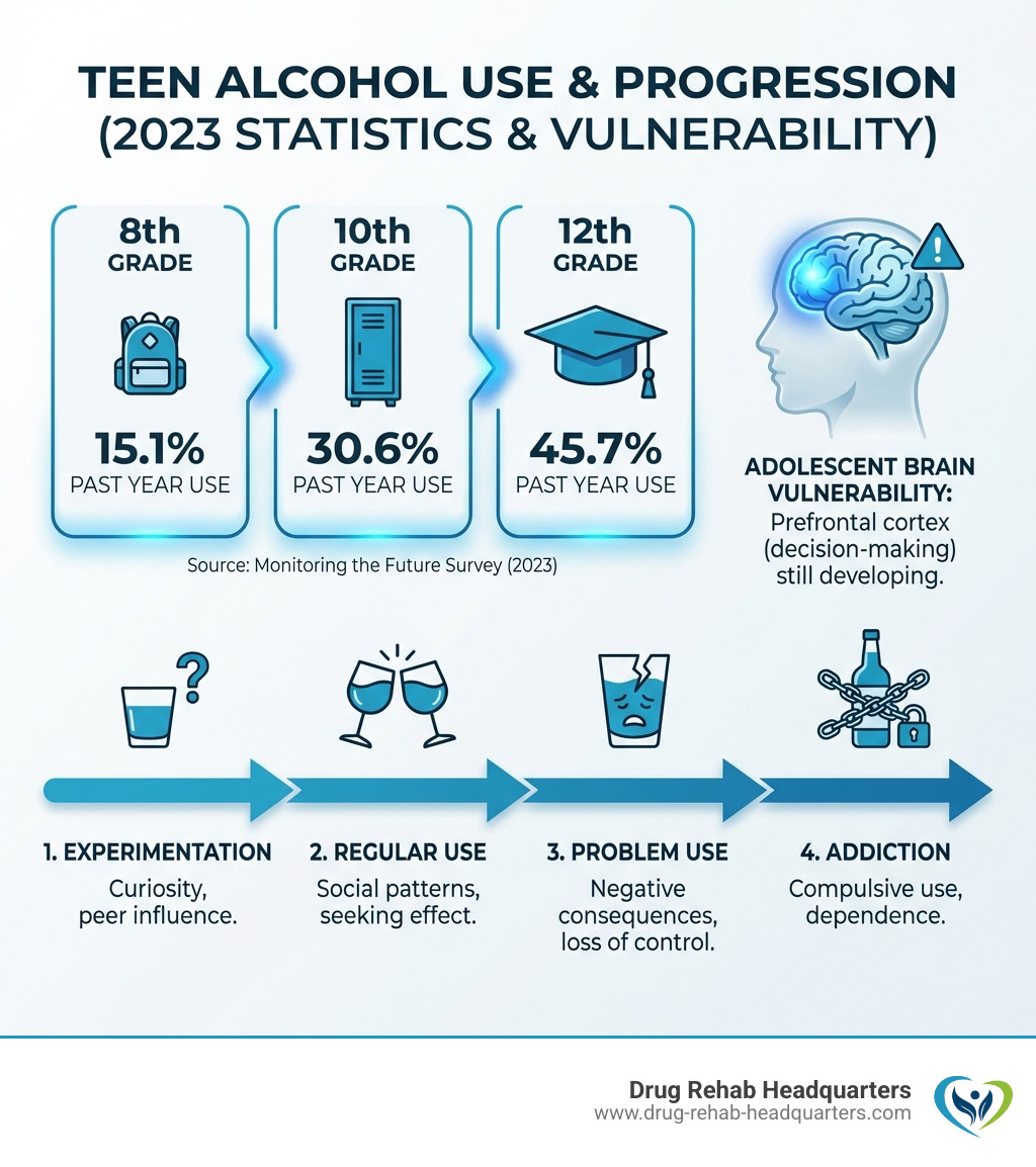 Infographic showing teen alcohol use statistics: 15.1% of 8th graders, 30.6% of 10th graders, and 45.7% of 12th graders reported past year alcohol use in 2023, with visual representation of the adolescent brain's vulnerability and the four stages of substance use progression from experimentation to addiction - alcohol rehab for teens infographic 