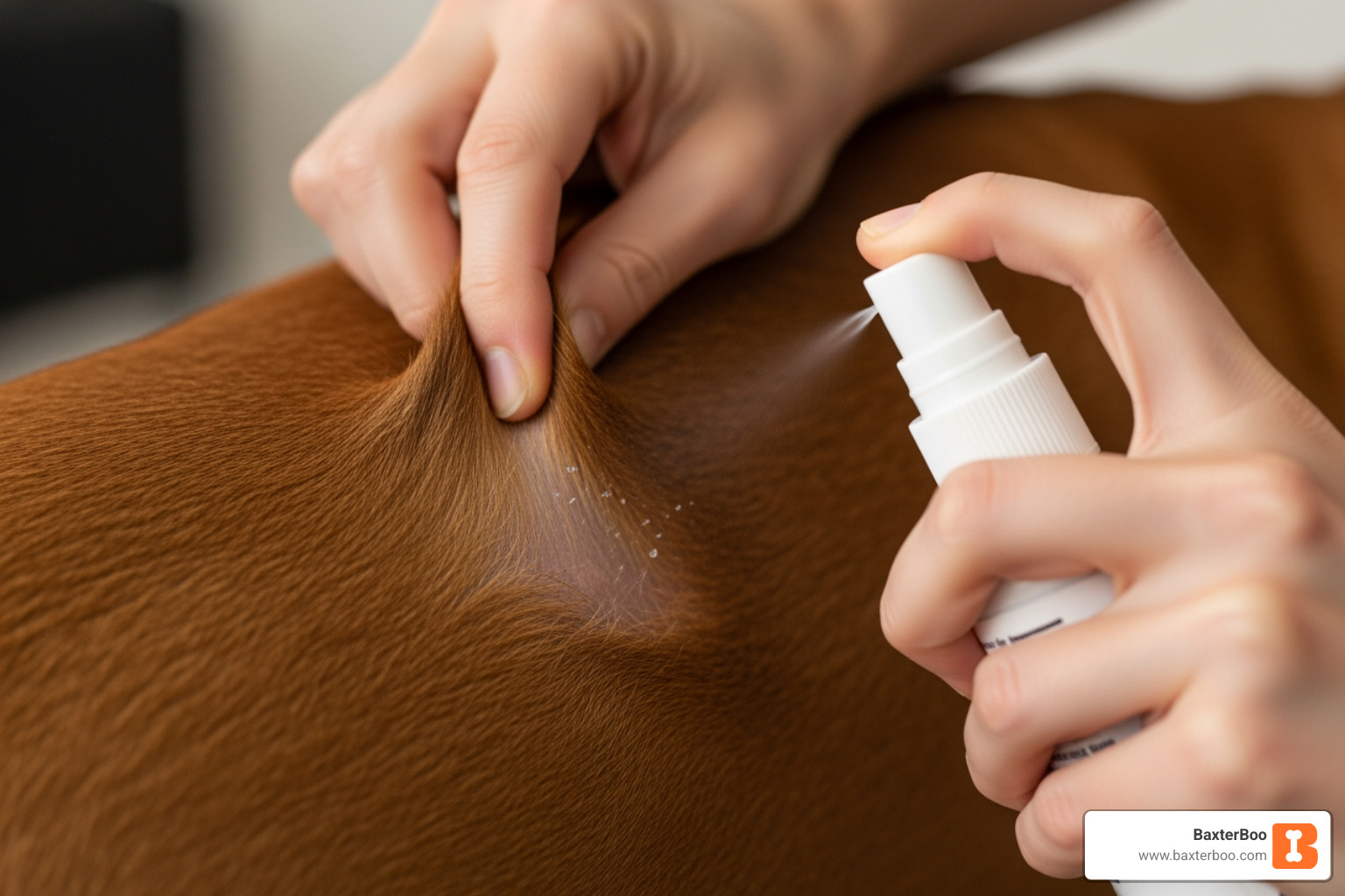 A person gently parting a dog's fur to apply a spray - benadryl spray for dogs A person gently parting a dog's fur to apply a spray - benadryl spray for dogs