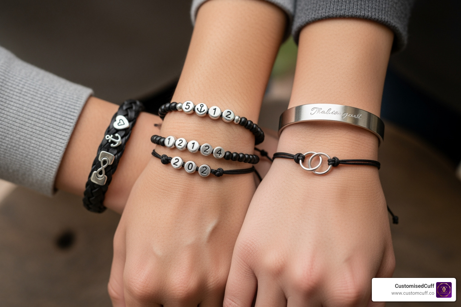 Collage of CustomisedCuff bracelet customization options—handwriting engraving, coordinates, star map - custom relationship bracelets