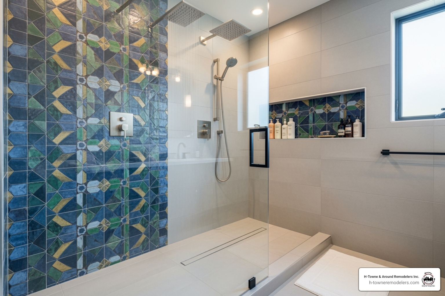 walk-in shower with bold tile Houston - bathroom remodeling Houston TX